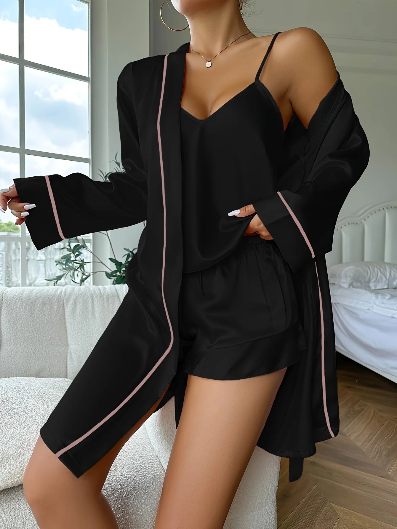 Elegant 3-Piece Women's Silk Pajamas Set Autumn Winter Camisole Shorts Nightgown Comfortable V-Neck Sleepwear for Home Use