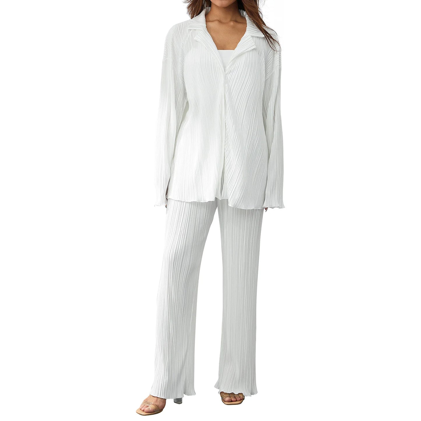 Women Pleated 2 Piece Pants Sets Spring Summer Streetwear Long Sleeve Button Down Shirt+Straight-Leg Pants Loose Outfits