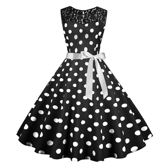 Polka Dot Print Summer Dress Vintage Woman 1950s 60s Swing Rockabilly Dress Robe Femme Lace Stitching Office Party Vestidos
