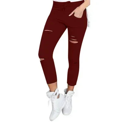 Women's plus Size Ripped Stretch Jeans Pencil Pants Casual Mid-Waist Ankle-Length Trousers