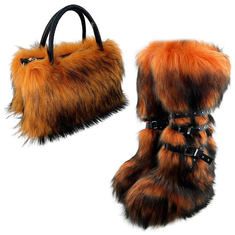 Women's Luxury Velvet Warm Fur Snow Boots Mid-Calf Imitation Raccoon Hair Handbag Two-Piece Set Fashionable Faux Fur Booties