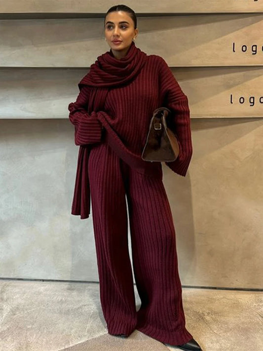 Oversize Knitted Women's Set V-Neck Full Sleeve Scarf Pullover Long Trousers Casual Loose Lady Suit for Autumn