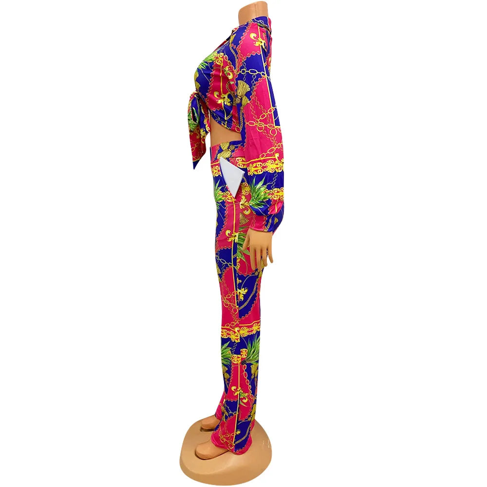 CM.YAYA Women's Paisley Chain 2 Piece Set Streetwear Outfits Tie up Shirt & Wide Leg Pants Luxury Junior Fit Autumn/Winter