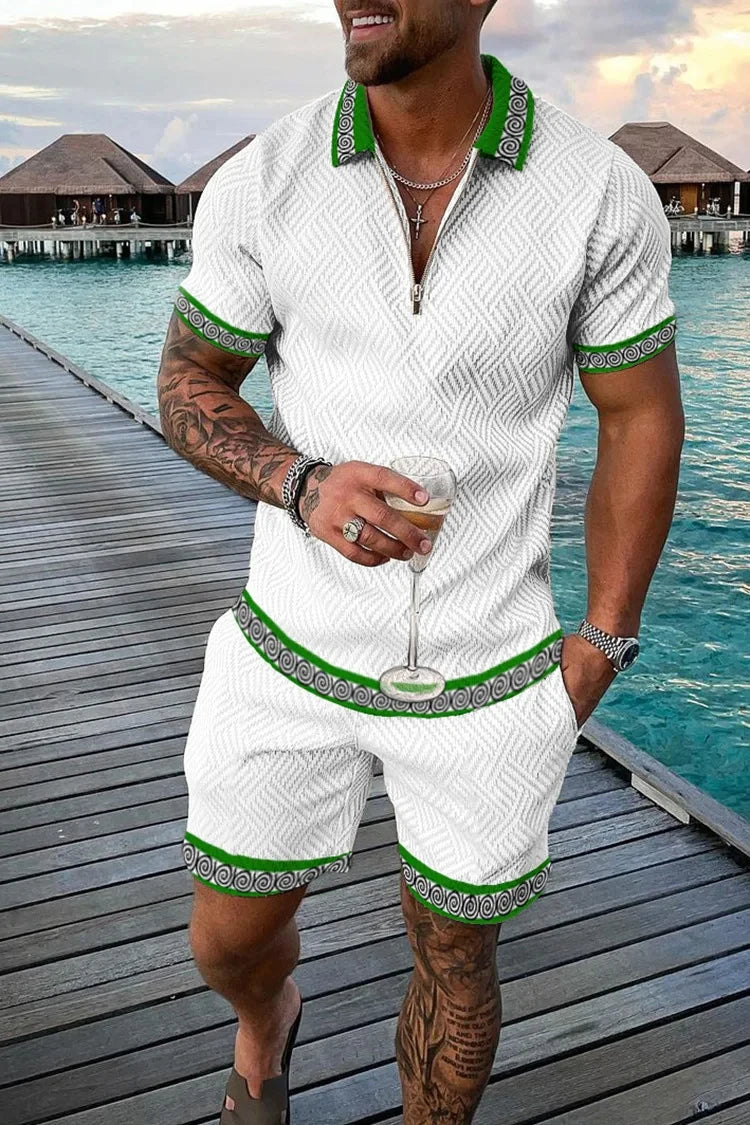 Boho Geometric Style 3D Print Men shirts Set Zipper Lapel Sets Zipper Collar+Shorts 2pcs Man Clothes