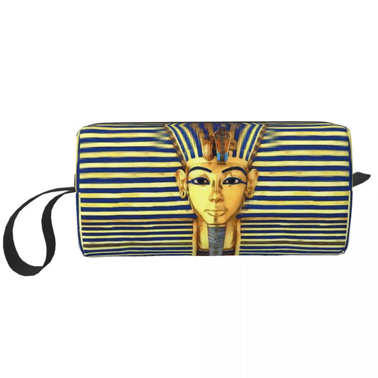 Egyptian pharaoh face print cosmetic bag with blue and gold stripes, travel toiletry pouch