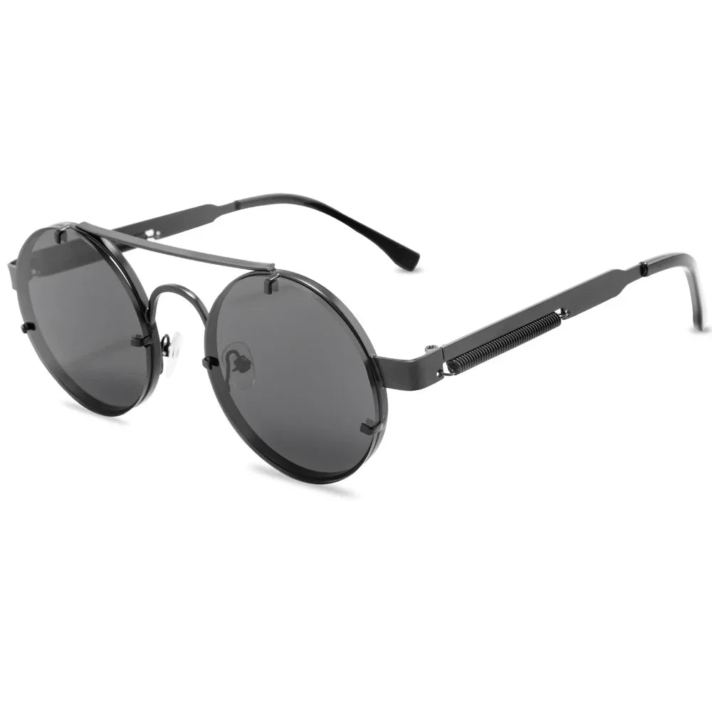 Black round steampunk-style sunglasses with spring hinge arms, fashion accessory