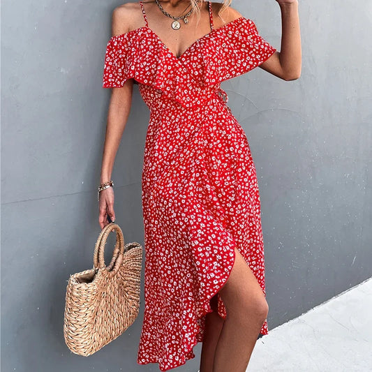 Chic Floral Print Sling Dress Women Summer Dresses NEW Elegant Sexy Strapless Spaghetti Irregular Ruffle Hem Slit Dress