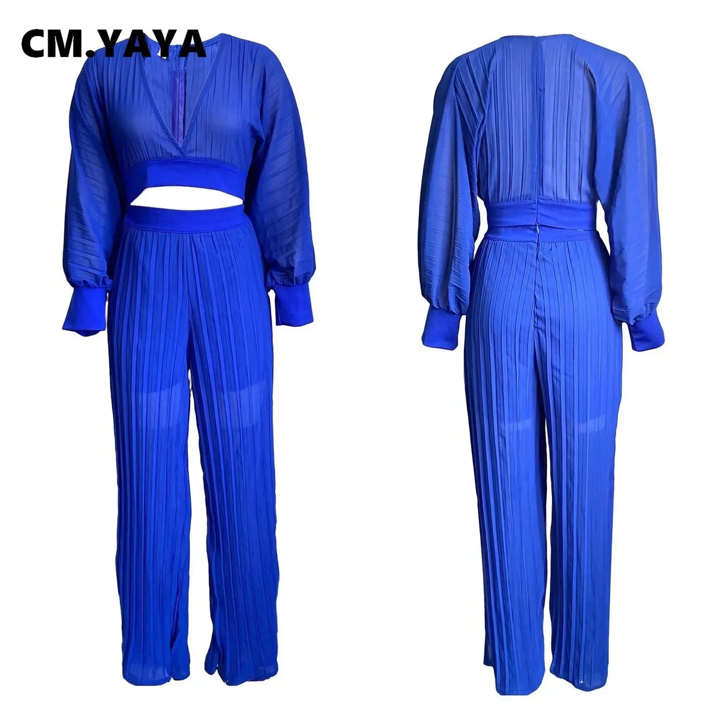 CM.YAYA Pleated Women Tracksuit Solid See-through Pleated Batwing Crop Tops and Wide Leg Pants Two 2 Piece Set Fashion Outfit
