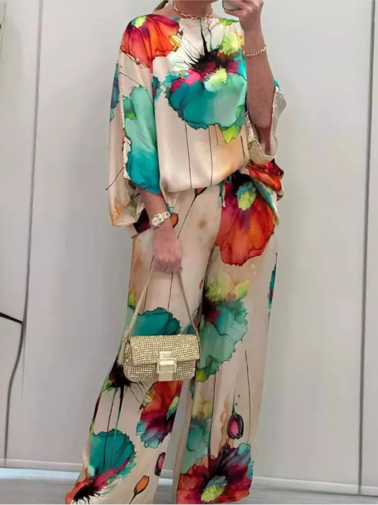 Sexy Summer Fashion Printed Satin Two Piece Set for Women with 3/4 Sleeved Top and Wide Leg Long Pants Casual Style