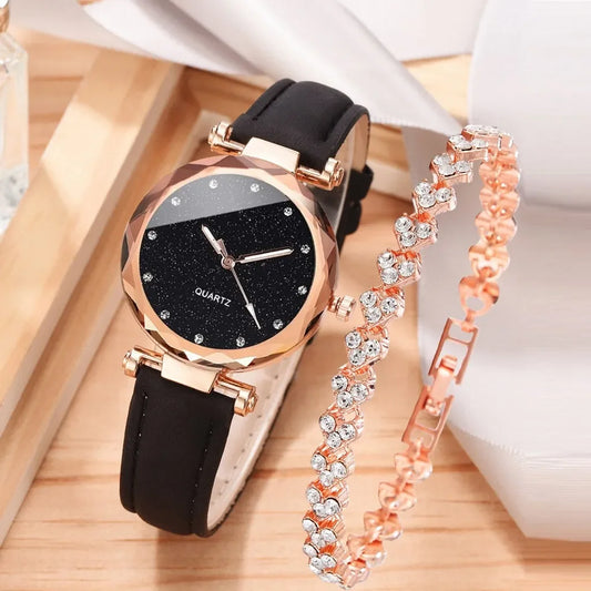 Luxury Fashion Women's Watch Set 2pcs PU Leather Strap Quartz Wristwatch with Rhinestone Rosegold Alloy Bracelet for Ladies Gift