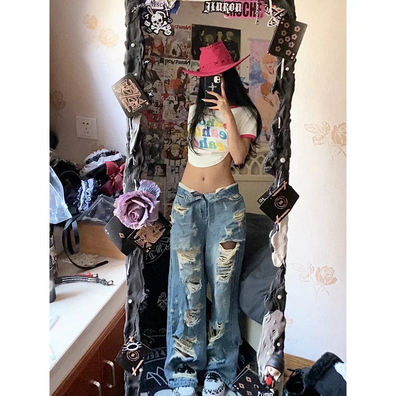 Baggy Ripped Jeans Women Low Rise Gyaru Wide Denim Pants Streetwear Fashion Jeans