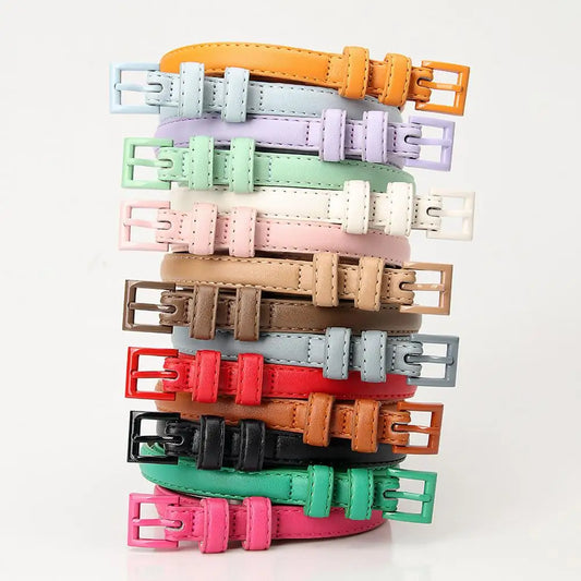 Women Belt  Thin Skinny Waistband Candy Color Faux Leather Waistband Adjustable Length Multi Holes Design Jeans Belt
