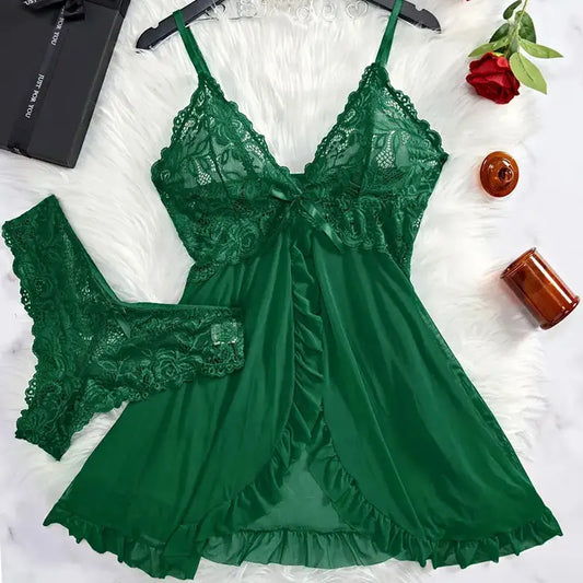 2 Pcs Set Women's Lace Nightgown Exquisite Homewear Green Transparent Split V-Neck Nightdress with Bra Panty Included Sleeveless