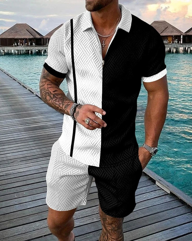 Boho Geometric Style 3D Print Men shirts Set Zipper Lapel Sets Zipper Collar+Shorts 2pcs Man Clothes