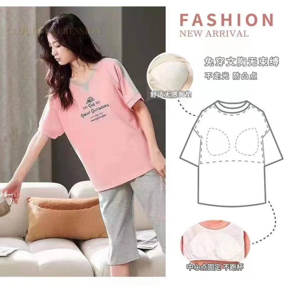 Pink women's lounge tee with built-in bra, cozy pajama set, soft comfort wear