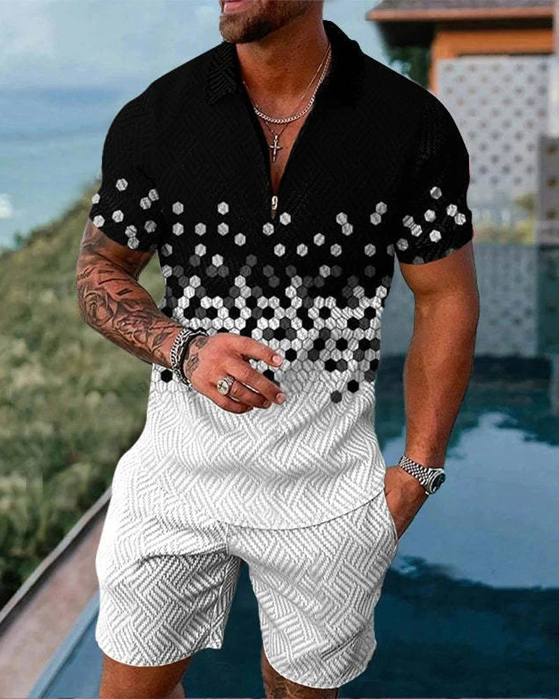 Men's black and white geometric print lounge set with shorts, poolside comfort wear