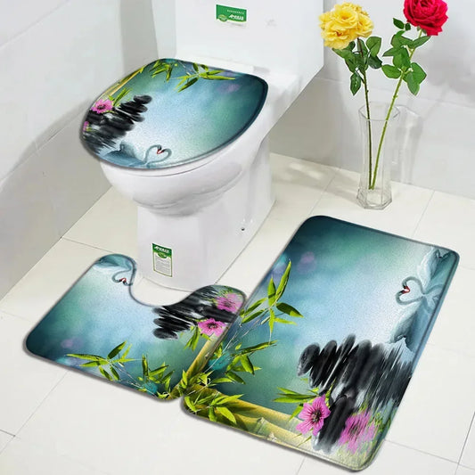 Zen Bath Mat Set Pink Lotus Orchid Grey Stone Green Bamboo Home Carpet White Bathroom Decor Flannel Floor Rugs Toilet Lid Cover
