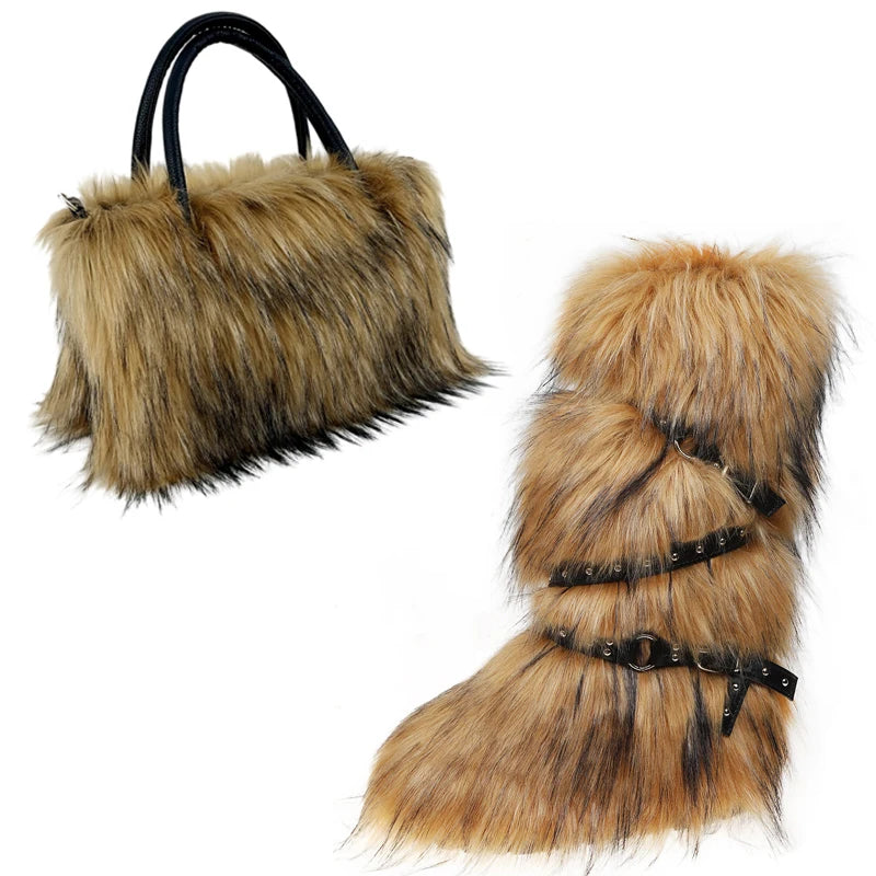 Women's Luxury Velvet Warm Fur Snow Boots Mid-Calf Imitation Raccoon Hair Handbag Two-Piece Set Fashionable Faux Fur Booties