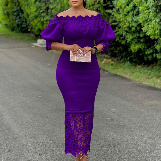 Elegant Off-Shoulder Lantern Sleeve Lace Dress for Woman Luxury Ankle Length Birthday Gown with Patchwork Sheath Package Hips