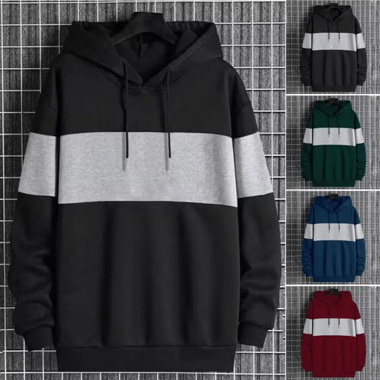 Men Autumn Winter Hoodie Plush Color Matching Drawstring Sweatshirt Loose Pullover Elastic Cuff Warm Soft Mid Length Men Hoodie