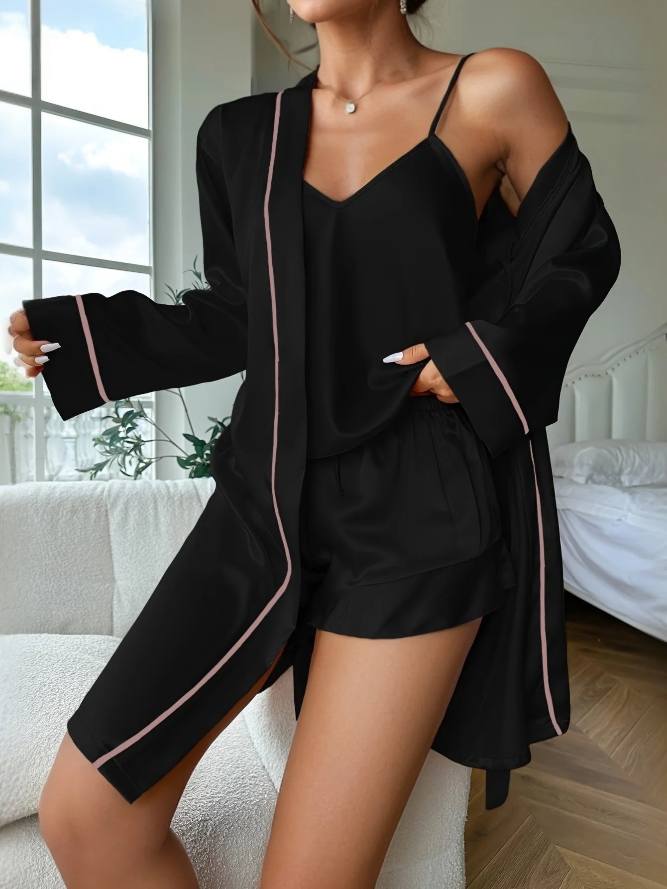 Elegant 3-Piece Women's Silk Pajamas Set Autumn Winter Camisole Shorts Nightgown Comfortable V-Neck Sleepwear for Home Use