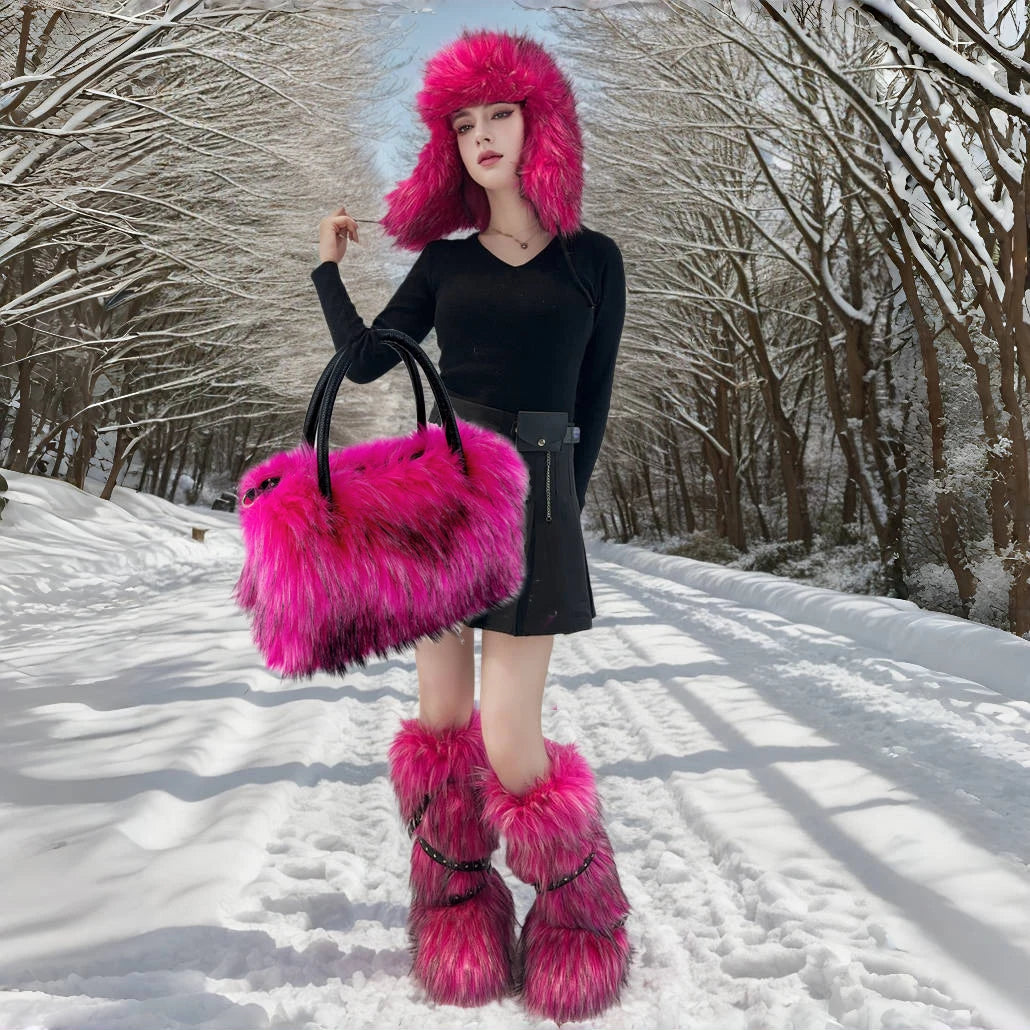 Women's Luxury Velvet Warm Fur Snow Boots Mid-Calf Imitation Raccoon Hair Handbag Two-Piece Set Fashionable Faux Fur Booties