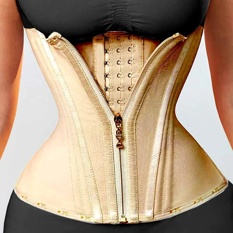 Gold waist trainer corset with zipper and hook closure shown on model for body shaping