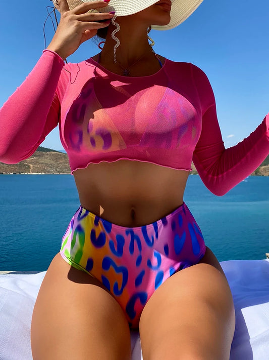 3 Pieces High Waist Leopard Bikini Triangle Swimsuit Top Halter Swimwear Women Bathing Swimming Suit Female Beachwear