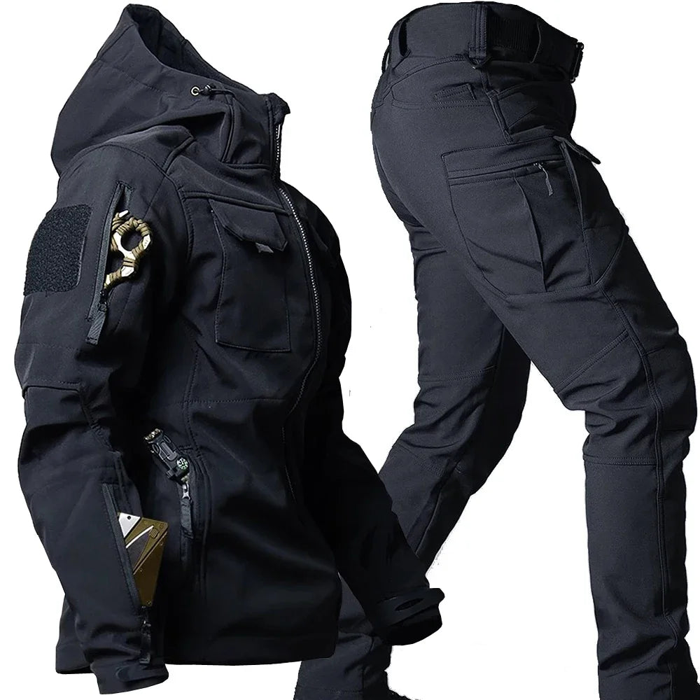 Winter Outdoor Waterproof Suits Men Tactical Windproof Hooded Jacket Fleece Warm Pants Multi-pocket  Thermal Sets Autumn
