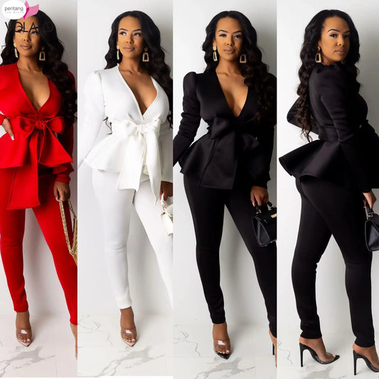Women Winter Women's Set Tracksuit  Ruffles Bow Blazers Pants Suit 2 Two Piece Set Office Lady Business Uniform Outfits