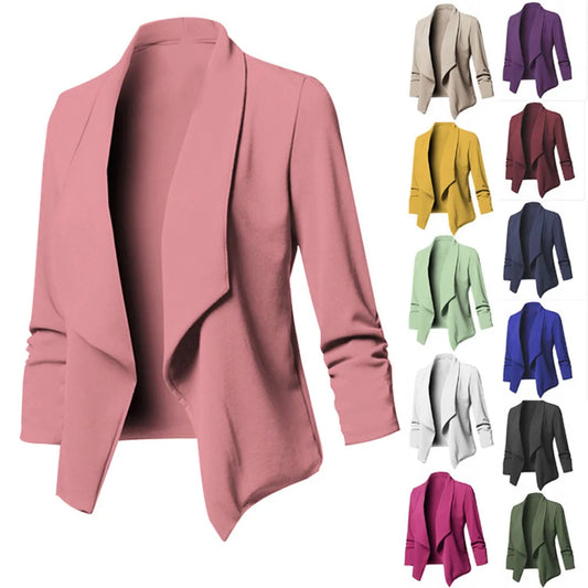 Oversized Women's Blazer S-5XL Notched Long Sleeve Pleated Slim Fit Business Workwear Cardigan Coats