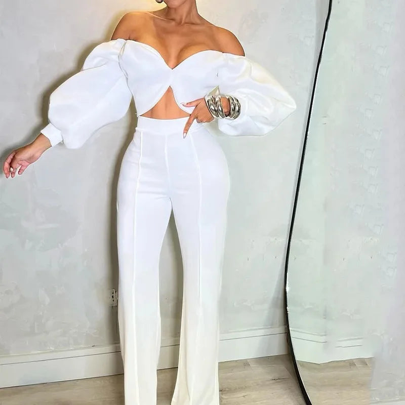Pant Set Women Two Piece Sets Slim Fit Off Shoulder Sexy Puff Sleeve V Neck Tops High Waist Elegant Splice Straight Long Pants