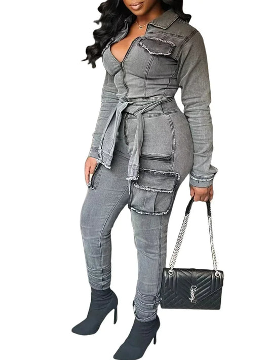 Autumn New Half Zipper Lace-up Denim Jumpsuit Women's Fashion Long Sleeve Elastic Slim Raw Trim Pocket Cargo Pants