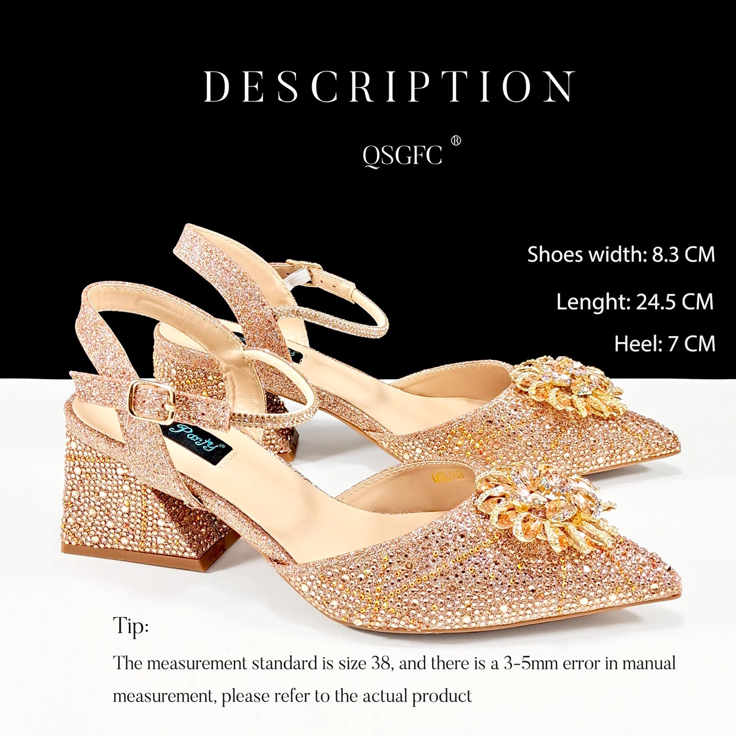 QueenaYan African Ladies Elegant Pointed Toe Shoes with shiny Metal Stand Bag Women Party Shoes or Commuting Shoes and Bag Set