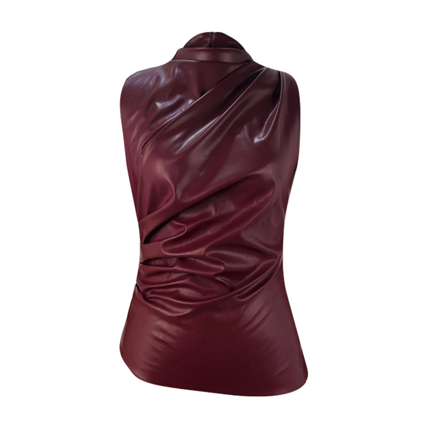 PU Leather Tank Tops Women Summer Sleeveless Pleated Slim Female Top Sexy Sheath Zipper Elastic Lady Ruched Shirt Streetwear