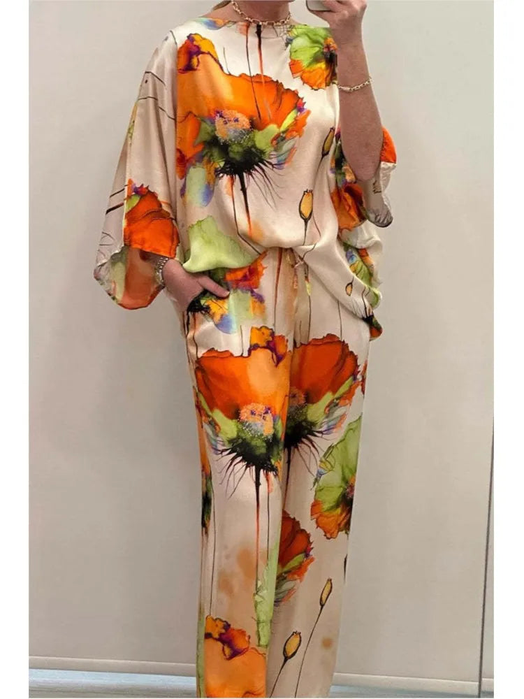 Sexy Summer Fashion Printed Satin Two Piece Set for Women with 3/4 Sleeved Top and Wide Leg Long Pants Casual Style