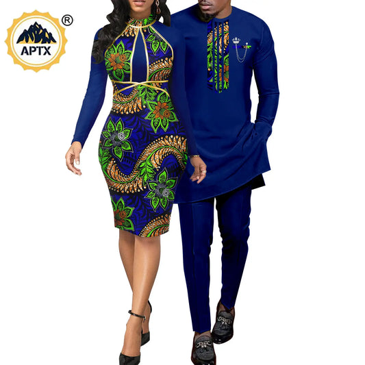 African Abaya Hip Dresses for Women Matching Couple Outfits with Bazin Riche Men's Top and Pant Set Dashiki Print