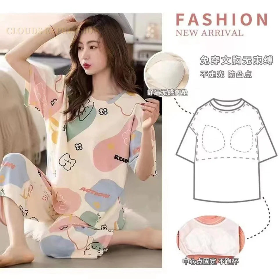 Cozy printed pajama set with built-in bra, soft comfort loungewear, fashion new arrival