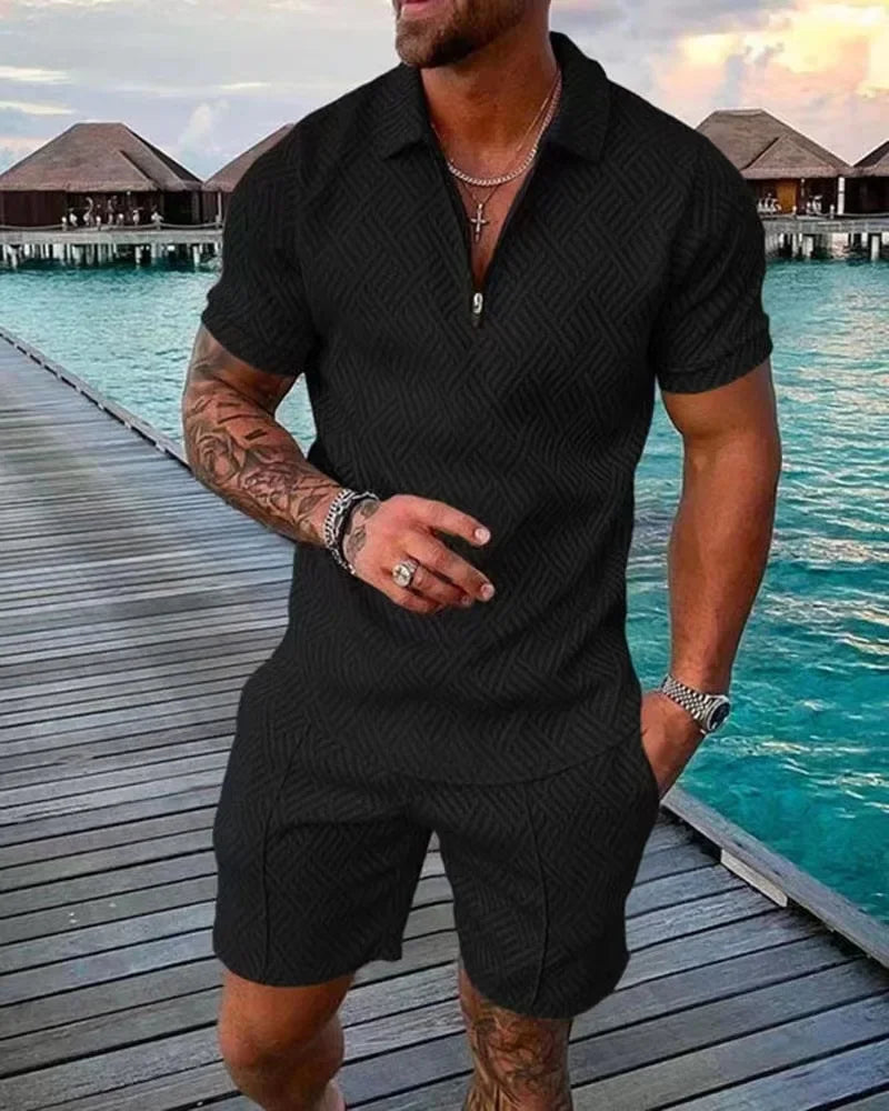 Men's black herringbone polo shirt and shorts set, stylish resort wear for vacation