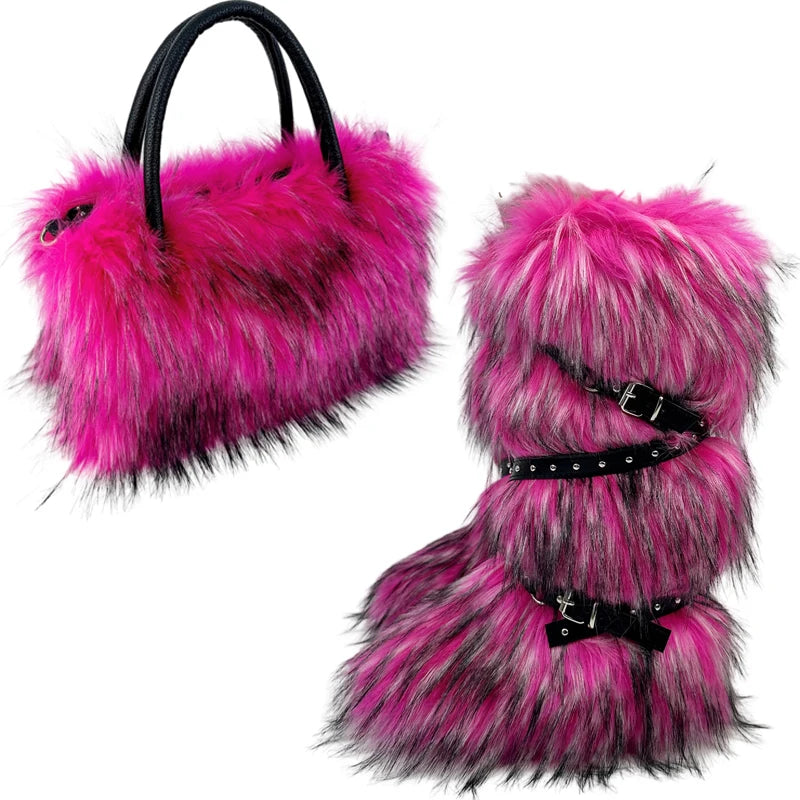 Women's Luxury Velvet Warm Fur Snow Boots Mid-Calf Imitation Raccoon Hair Handbag Two-Piece Set Fashionable Faux Fur Booties