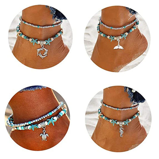 Softones Blue Starfish Turtle Anklet Multilayer Charm Beads Sea Handmade Boho Anklet Foot Jewelry for Women Girl
