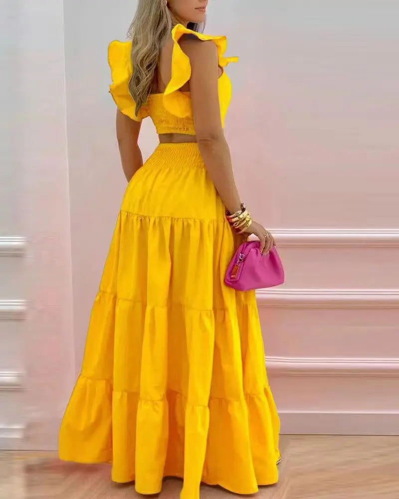 New Sexy Solid Two Suit Dress Women's Fashion Casual Loose Top Maxi Dress 2 Piece Set Female Elegant Holiday Sets 2024 Summer
