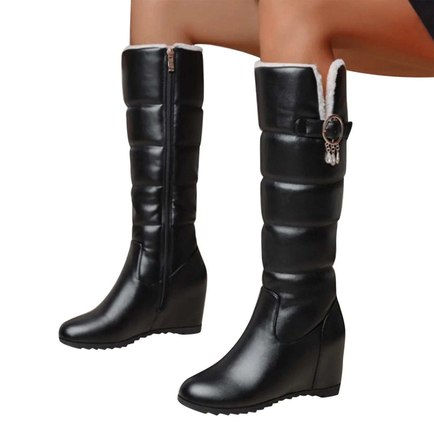 Boots Woman Booties 2025 Ladies Solid Leather Belt Buckle Cotton Boots H Wedge Heel Thick Soled Long Boot Shoes Women Big Boots