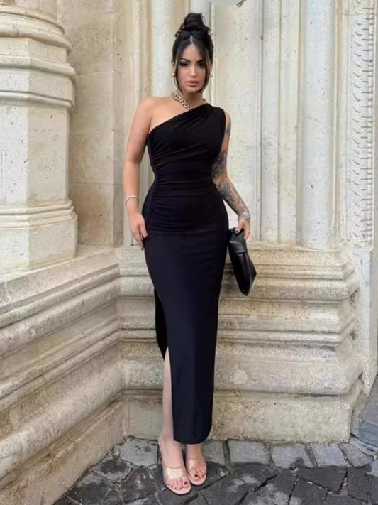 Elegant Black Maxi Dress for Women Sexy Split Sleeveless Backless Summer Fashion Off Shoulder Club Party Dress