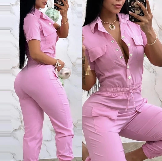 Women's Casual Short Sleeve Pocket Design Cuffed Cargo Jumpsuit 2024 Summer New Female Clothes Fashion Drawstring Jumpsuits