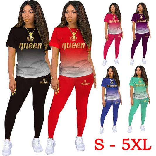 Two Piece Outfits For Yoga Fitness Athletic Sets Printed Gradient T Shirt Leggings Women's Short Sleeve Sportwear S-5XL