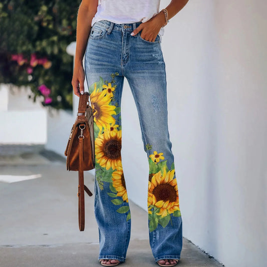 Y2K Ladies Retro Flared Jeans Floral Printed Slim-Fit Denim Trousers Baggy Style for Streetwear