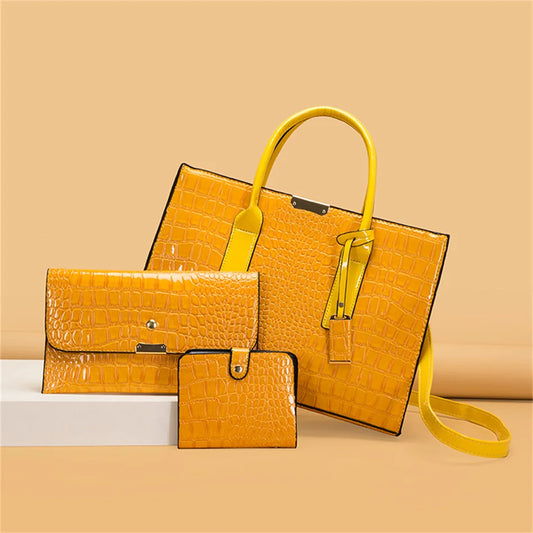 3 Sets Tote Sac Vintage Crocodile Pattern Patent Leather Luxury Handbags Brand Designer Large Capacity Shoulder Messenger Bag