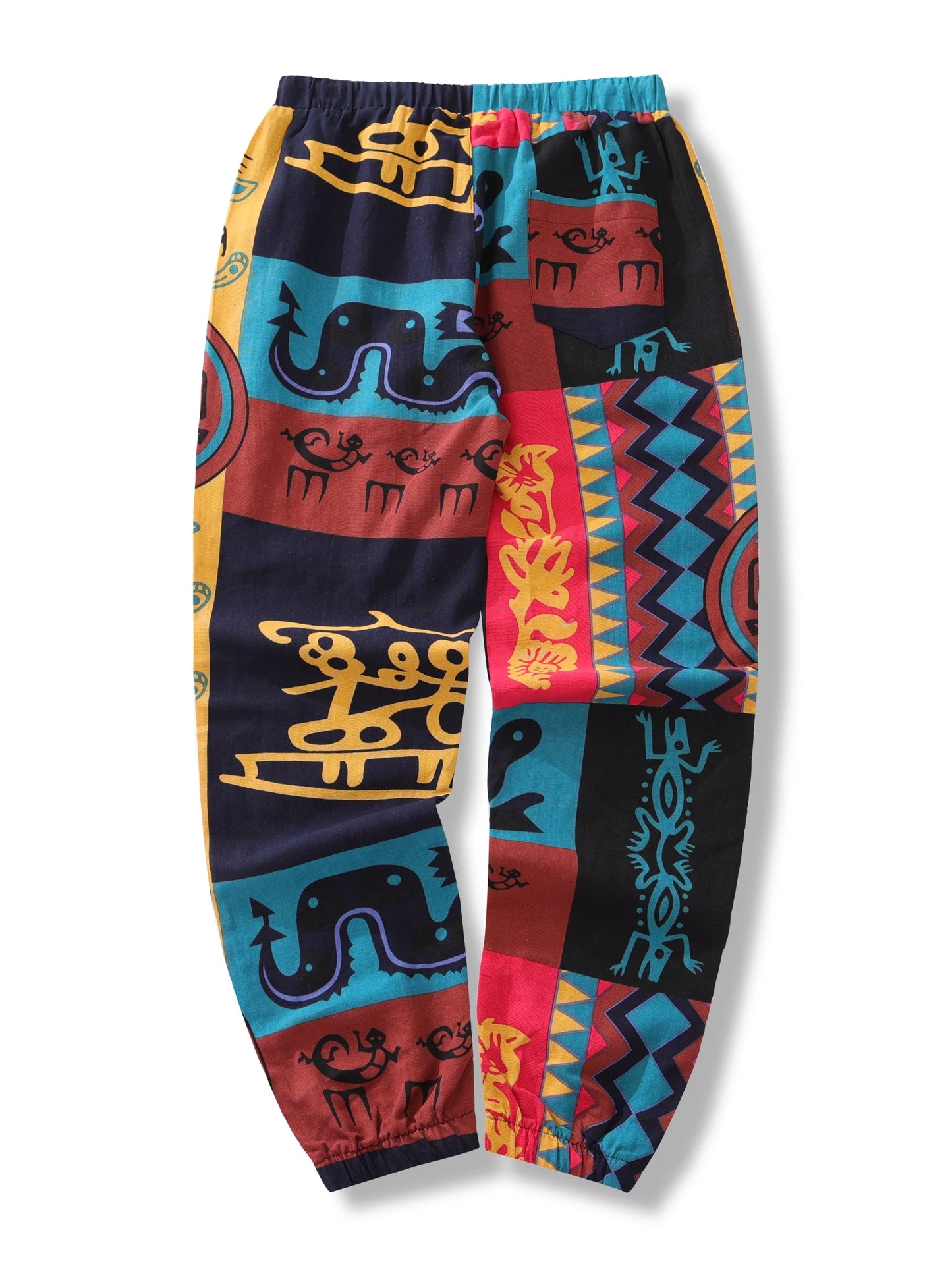 Mens Boho Tribal Print Stretch Linen Pants With Cotton Blend Drawstring LightWeight with Pockets Summer Jogger Pants