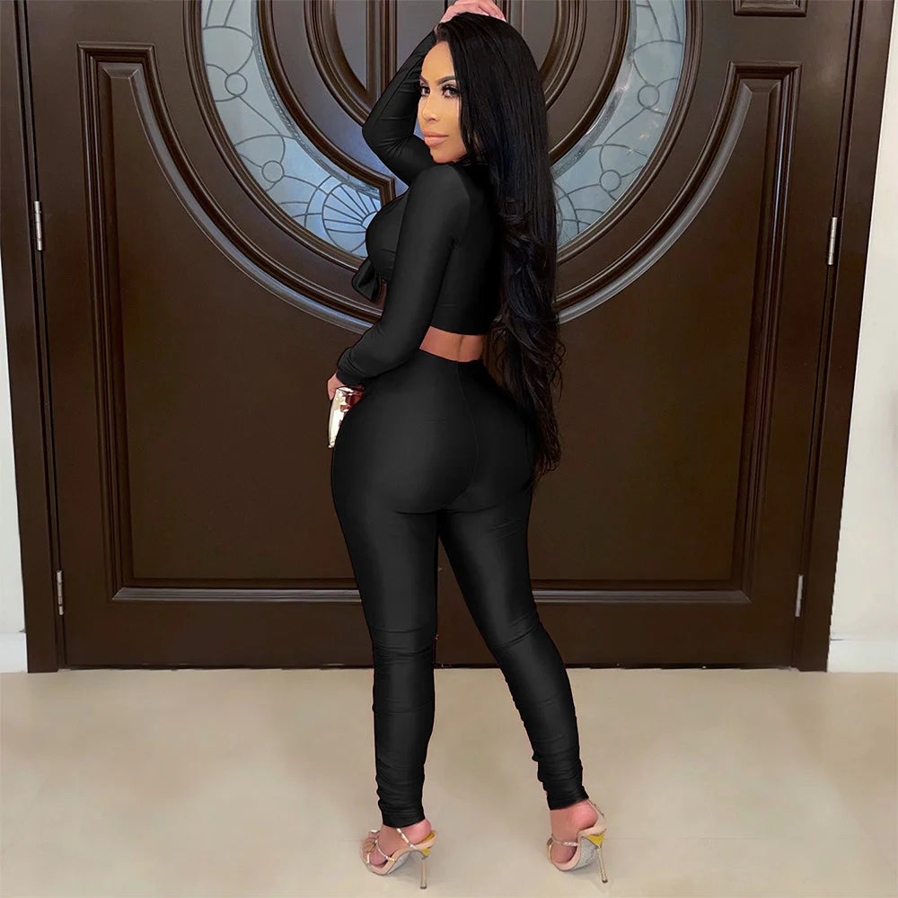 Women's Fashion Casual Slim Fit Two-Piece Set Open Shirt Butterfly Knot Long Sleeve Top with Long Pants Eye-Catching Streetwear